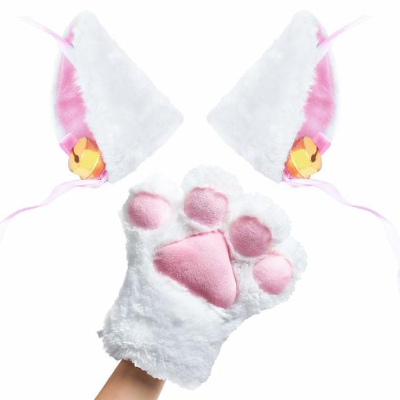 Cat Cosplay Costume Kitten Ears Tail Collar Paws 5 Pack (white1)🐳 - Picture 2 of 5